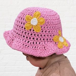 Crochet Pink Bucket Hat with Flowers